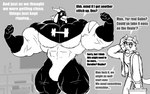 abs absurd_res anthro big_muscles big_pecs bottomwear bovid bulge caprine clothing comic costume dex_(parttimeyeen) dialogue dumbbell duo electronics english_text felid feline flexing footwear gabriel_(parttimeyeen) goat hat headgear headwear hi_res horn huge_muscles huge_pecs hyper hyper_muscles male mammal monochrome muscular muscular_anthro muscular_arms muscular_legs muscular_male muscular_thighs pants parttimeyeen_(artist) pecs profanity shirt shoes smile superhero_costume television text tight_clothing toolbox topwear torn_clothing weights