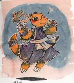 3_fingers accessory ambiguous_gender blush cleaning_tool closed_smile clothing feather_duster fingers frilly furgonomics holding_cleaning_tool holding_feather_duster holding_object maid_uniform mouth_closed one_eye_closed orange_body simple_background smile tail tail_accessory tailband toony uniform trgreta nintendo pokemon dragonite generation_1_pokemon pokemon_(species) 2026 dated full-length_portrait hi_res painting_(artwork) portrait traditional_media_(artwork) traditional_painting_(artwork) traditional_watercolor_(artwork) watercolor_(artwork)