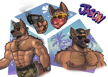 abs anthro areola arm_hair armpit_hair backwards_baseball_cap backwards_hat baseball_cap beard belt biceps big_muscles black_eyewear black_nose black_sunglasses bodily_fluids body_hair bottomwear brown_body brown_fur camo camo_bottomwear camo_clothing camo_pants camo_print chest_hair clock clothed clothing covered_mouth eyebrows eyewear facial_hair facial_markings fur glistening glistening_teeth gun handgun hat head_markings head_tuft headgear headwear holding_object holding_weapon inner_ear_fluff jewelry kerchief male male_anthro markings muscular muscular_anthro muscular_male muzzle_(marking) navel necklace nipples non-furgonomic palm_tree pants pattern_bottomwear pattern_clothing pattern_pants pecs pistol plant pointy_ears prick_ears pubes raised_eyebrow ranged_weapon red_kerchief smile smirk smoking_gun snapback_hat solo stubble sunglasses sweat sweatdrop tail tattoo teeth text topless topless_anthro topless_male tree tuft veiny_arms watch weapon wristwatch yellow_eyewear yellow_sunglasses cesarpolarart grand_theft_auto_vi jason_duval canid canine canis domestic_dog german_shepherd herding_dog mammal pastoral_dog 2025 absurd_res character_name digital_media_(artwork) hi_res signature