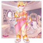 anthro blonde_hair blush bottomwear clothed clothing dress femboy fur hair hand_fan holding_object jewelry legwear looking_at_viewer male navel photo_background pink_eyes robe skirt smile smiling_at_viewer solo thailand topwear tasticstarlight talia_(tasticstarlight) domestic_cat felid feline felis mammal 1:1 hi_res photography_(artwork) shaded