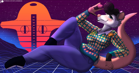 anthro blue_eyes blush breasts clothed clothing cosplay female food fruit fully_clothed holding_object locacaca_fruit plant pompadour reclining solo synthwave skylosminkan jojo's_bizarre_adventure jojolion josefumi_kujo soft_&_wet_(jjba) american_opossum mammal marsupial 256:135 digital_media_(artwork) hi_res meme shaded