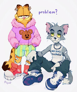 anthro band-aid bandage bottomwear clothed clothing denim denim_bottomwear denim_clothing duo ear_piercing footwear fur grey_body grey_fur half-closed_eyes hoodie jeans jewelry looking_at_viewer male male/male multicolored_body multicolored_fur narrowed_eyes necklace orange_body orange_fur pants piercing shirt shoes shorts simple_background sneakers striped_body striped_fur stripes tank_top text topwear two_tone_body two_tone_fur white_body white_fur p0nyplanet garfield_(series) metro-goldwyn-mayer tom_and_jerry garfield_the_cat thomas_cat domestic_cat felid feline felis mammal english_text full-length_portrait hi_res portrait