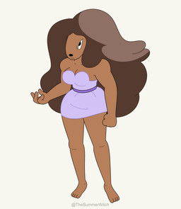 angry anthro barefoot breasts brown_body brown_fur brown_hair brown_skin clothed clothed_anthro clothed_female clothing dress feet female fist fur hair long_hair looking_at_viewer poofy_hair purple_clothing purple_dress simple_background solo white_background thesummerwitch adventure_time cartoon_network samantha_(adventure_time) canid canine canis domestic_dog mammal absurd_res hi_res