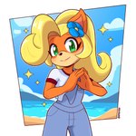 accessory anthro beach blonde_hair clothing collared_shirt eyelashes female flower flower_in_hair fur green_eyes hair hair_accessory orange_body orange_fur outside overalls plant ponytail sea shirt short_sleeves sidelocks smile smiling_at_viewer solo sparkles topwear water efextex activision crash_bandicoot_(series) coco_bandicoot bandicoot mammal marsupial 1:1 2025 absurd_res hi_res