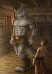 2019 abs animal_humanoid anthony_caligula anthro armor barracks belt bench biceps big_muscles bracelet brown_hair cage canid canid_humanoid canine canine_humanoid canis clothed clothing cuff_(restraint) deyvarah digital_media_(artwork) duo eye_contact footwear fur furniture grey_body grey_fur hair head_tilt humanoid jewelry kraso_(xxsparcoxx) leather leather_armor looking_at_another looking_down looking_up male mammal mammal_humanoid multicolored_body multicolored_fur muscular muscular_anthro muscular_male pteruges restraints shackles silhouette slave standing stone_floor table toeless_footwear topless torch two_tone_body two_tone_fur white_body white_fur wolf wolf_humanoid zilch1998