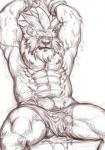 abs anthro arms_above_head bdsm biceps big_muscles biped bondage bottomwear bound clothed clothing fur genitals loincloth male muscular muscular_anthro muscular_male nipples pecs penis sitting solo submissive submissive_male topless bomb_(artist) red_earth leo_(red_earth) felid human hybrid lion mammal pantherine sketch