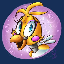 anthro beak bib black_eyebrows blue_eyes blue_pupils cheek_spots cheek_tuft eyebrows eyelashes eyeshadow facial_tuft feather_hair feathers female female_anthro grey_neck hair heart_symbol light looking_at_viewer machine makeup musical_note musical_symbol open_beak open_mouth open_smile pseudo_hair pupils purple_background purple_eyeshadow short_hair simple_background smile smiling_at_viewer solo symbol tuft white_bib yellow_body yellow_feathers karmamoonshadow five_nights_at_freddy's five_nights_at_freddy's_2 scottgames toy_chica_(fnaf) animatronic avian bird chicken galliform phasianid robot 1:1 2015 alpha_channel bust_portrait colored dated digital_drawing_(artwork) digital_media_(artwork) english_description lighting portrait shaded signature