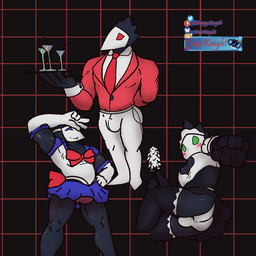 anthro asian_clothing black_body blue_eyes blush bottomwear bulge butler butt cleaning_tool clothed clothing cocktail_glass container cup drinking_glass east_asian_clothing feather_duster gesture glass glass_container glass_cup green_eyes hand_gesture holding_object holding_tray japanese_clothing japanese_school_uniform looking_at_viewer maid_uniform male muscular muscular_anthro muscular_male pattern_background red_eyes school_uniform serafuku simple_background skirt suit tailless uniform upskirt v_sign waiter_tray trapknight deltarune sailor_moon_(series) undertale_(series) swatchling 1:1 hi_res