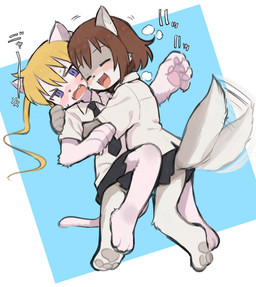 anthro blonde_hair blue_eyes blush blush_lines bottomwear breath brown_hair cat_tail clothing duo ear_twitch eyebrows eyes_closed female female/female fox_tail fur furrowed_brow grey_body grey_fur hair hug leg_between_thighs long_hair meis12495 meis_(terameisu) miniskirt open_mouth pawpads raised_eyebrows school_uniform sharp_teeth short-sleeve_shirt short_hair simple_background skirt tail tail_motion tailwag teeth text tongue tongue_out uniform white_body white_fur canid canine felid feline mammal japanese_text