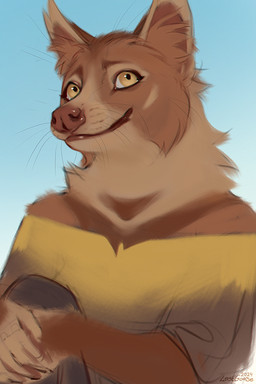 anthro brown_body brown_clothing brown_fur brown_nose brown_topwear cheek_tuft closed_smile clothed clothing facial_tuft female female_anthro front_view fur glistening glistening_eyes gradient_background looking_at_viewer mouth_closed neck_tuft simple_background smile solo topwear tuft whiskers yellow_clothing yellow_eyes yellow_topwear lostgoose mammal viverrid 2024 dated hi_res signature
