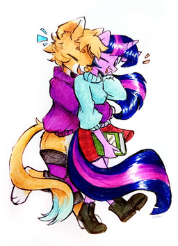anthro book boots bottomwear clothing duo female female/female footwear horn hug leg_warmers legwear shoes simple_background skirt sweater topwear liaaqila friendship_is_magic hasbro my_little_pony mythology twilight_sparkle_(mlp) equid equine felid feline mammal mythological_creature mythological_equine unicorn hi_res painting_(artwork) watercolor_(artwork)