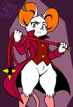 anthro bottomless bottomless_anthro bottomless_female button_(fastener) cheek_tuft clothed clothing eyebrows facial_tuft featureless_crotch female female_anthro fur hairless_tail head_tuft holding_object holding_weapon jacket leg_tuft looking_at_viewer mace melee_weapon notched_ear pink_body pink_nose raised_eyebrow red_clothing small_waist solo thigh_tuft topwear tuft vest weapon whip white_body white_fur moemoekyonx mina_the_hollower yacht_club_games mina_(mina_the_hollower) mammal mouse murid murine rodent 2026 absurd_res digital_drawing_(artwork) digital_media_(artwork) hi_res