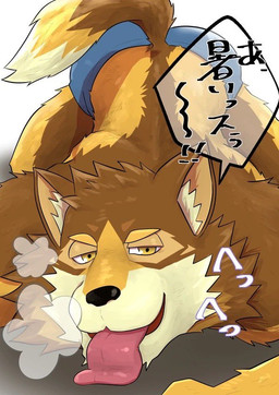 anthro ass_up breath brown_body brown_fur clothing fur looking_at_viewer male muscular muscular_anthro muscular_male panting solo speedo swimwear text tongue tongue_out yellow_eyes dotsu lifewonders live_a_hero barrel_(live_a_hero) canid canine canis mammal wolf japanese_text