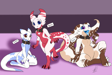 3_toes 4_fingers ambiguous_gender anthro blue_body blue_eyes brown_body collar cute_fangs fangs feet female fingers group kneeling looking_at_viewer number on_one_leg open_mouth orange_eyes price price_tag purple_eyes red_body sale simple_background sitting standing teeth throat toes tongue tongue_out trio white_body shikaro kobold scalie 2020 3:2 hi_res