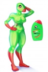 5_toes anthro anthrofied biped blush bottle breasts container feet female green_body green_skin humanoid_feet leg_markings markings navel non-mammal_breasts pink_eyes plantigrade product_placement shampoo simple_background socks_(marking) solo standing thick_thighs toes white_background wide_hips fivel l'oreal animate_inanimate digital_media_(artwork)