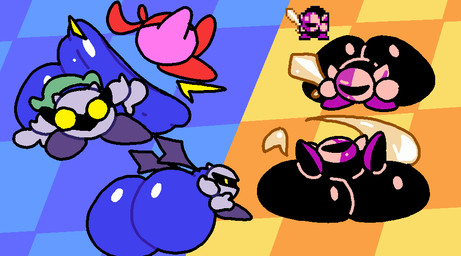 accessory big_butt black_body blue_background blue_body butt butt_slap checkered checkered_background clothing duo gloves handwear headband holding_melee_weapon holding_object holding_sword holding_weapon huge_butt hyper hyper_butt looking_back male mask melee_weapon pattern_background pink_body red_headband simple_background sitting sitting_on_ground slap surprised sword thick_thighs weapon wings yellow_background yellow_eyes superiorfox kirby_(series) nintendo kirby meta_knight waddling_head 2023 digital_media_(artwork)