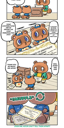 anthro apron blue_eyes bottomwear brown_body brown_fur chibi clothing eyes_closed fur group hat headgear headwear humor identical_twins male shirt shorts slightly_chubby text topwear cho_hanayo animal_crossing nintendo timmy_nook tom_nook_(animal_crossing) tommy_nook canid canine mammal raccoon_dog tanuki 2021 absurd_res comic english_text hi_res official_art brother_(lore) brothers_(lore) nephew_(lore) sibling_(lore) twins_(lore) uncle_(lore) uncle_and_nephew_(lore)