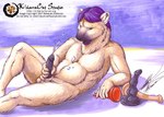 anthro arm_support black_penis bodily_fluids cum cum_on_own_belly dildo ejaculation fur genital_fluids genitals green_eyes hair leaning leaning_backward leaning_on_elbow male masturbation nude open_mouth penis purple_hair sex_toy slightly_chubby solo text white_body white_fur ksharra jurann bear mammal polar_bear ursine english_text