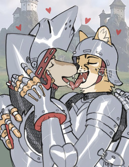anthro armor brown_body brown_fur duo eyes_closed fangs french_kissing fur furgonomic_headwear furgonomics headgear heart_symbol helmet hug kissing knight licking_tongue male male/male medieval medieval_armor multicolored_body multicolored_fur tan_body tan_fur teeth tongue tongue_out two_tone_body two_tone_fur warrior yellow_body yellow_fur pelzidragon canid canine canis cheetah felid feline mammal wolf hi_res