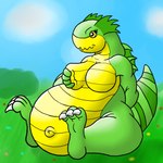 anthro breast_grab breasts female green_body hand_on_breast looking_away navel obese obese_female outie_navel outside overweight overweight_female solo yellow_eyes rossmallo_(artist) runescape bunyip scalie 2009