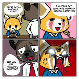 anthro anthro_on_anthro black_nose blue_clothing blue_shirt blue_topwear blush bodily_fluids brown_body brown_fur brown_inner_ear clothed clothed_anthro clothed_female clothed_male clothing cross-popping_vein cutlery duo eating empty_eyes eye_markings eyebrows facial_markings female female_anthro food forehead_markings fork fur head_markings holding_fork humor kitchen_utensils male male/female male_anthro markings necktie open_mouth pancake red_mouth red_necktie red_tongue sharp_teeth shirt sweat sweatdrop tear_(marking) teeth text text_markings tongue tongue_out tools topwear vein white_body white_clothing white_ears white_eyebrows white_fur white_shirt white_topwear battouga-sharingan aggretsuko sanrio haida_(aggretsuko) retsuko ailurid hyena mammal red_panda spotted_hyena 1:1 2018 comic digital_media_(artwork) english_text hi_res meme signature