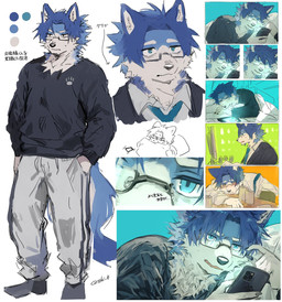 anthro blue_body blue_fur blue_hair clothed clothing fully_clothed fur hair kemono male multicolored_body multicolored_fur solo standing white_body white_fur sski_0 hi_res