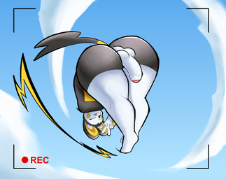 anthro ass_up balls big_butt butt camera_view cloud electricity flying foreskin genitals gesture hand_gesture looking_at_viewer male partially_retracted_foreskin penis pose sky solo spinning thick_thighs upside_down v_sign i_will_dance_only_if_the_beat_is_funky nintendo pokemon emolga generation_5_pokemon pokemon_(species) absurd_res hi_res