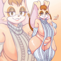anthro areola areola_slip armwear big_breasts big_ears breasts brown_eyes brown_hair brown_nose camel_toe clothing dipstick_ears ear_markings eyelashes female floppy_ears front_view fur hair head_tuft huge_breasts legwear long_ears looking_at_viewer lop_ears markings multicolored_ears navel panties pink_areola simple_background slightly_chubby smile solo sweater tan_background tan_body tan_fur thick_thighs topwear tuft underwear virgin_killer_sweater white_armwear white_body white_clothing white_fur white_legwear white_panties white_sweater white_topwear white_underwear wide_hips madam_stiletto meme_clothing sega sonic_the_hedgehog_(series) vanilla_the_rabbit lagomorph leporid mammal rabbit 1:1 hi_res meme