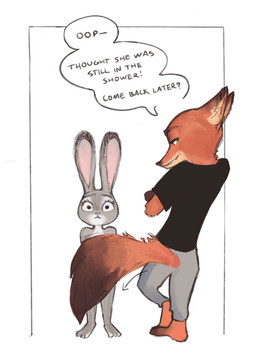 anthro bottomwear clothed clothing covering covering_another covering_with_tail dialogue duo feet female fingers fur grey_body half-closed_eyes looking_at_viewer looking_back male narrowed_eyes nude pants shirt simple_background smile speech_bubble standing tail talking_to_viewer text toes topwear arvecina disney zootopia judy_hopps nick_wilde canid canine canis fox lagomorph leporid mammal rabbit red_fox true_fox digital_media_(artwork) english_text hi_res