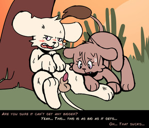 against_natural_surface against_surface against_tree animal_genitalia animal_penis balls black_nose bodily_fluids brown_body brown_fur day dialogue duo erection feral fur genitals head_tuft humiliation looking_at_another's_penis looking_at_genitalia looking_at_penis looking_away male male/male open_mouth outside penis penis_humiliation plant quadruped sheath sitting sitting_on_ground small_penis small_penis_humiliation sweat tail tail_tuft teeth text tongue tree tuft white_body white_fur young young_feral young_male not_a_furfag felid lion mammal pantherine 2026 english_text hi_res