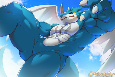 3_fingers abs anthro cloud fingers male membrane_(anatomy) membranous_wings multicolored_body muscular muscular_male navel open_mouth patreon_logo patreon_username red_eyes sky solo text two_tone_body wings sollyz bandai_namco digimon patreon digimon_(species) exveemon 2020 url