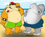 anthro barazoku beach belly belly_overhang big_belly big_butt big_navel butt claws clothing collar countershading duo eyewear eyewear_on_head grey_body hair hand_behind_head horn looking_at_viewer male navel nipples outie_navel overweight overweight_anthro overweight_male red_hair sea seaside shell shirtless shirtless_male smile snaggle_tooth spikes sunglasses sunglasses_on_head swimming_trunks swimwear teeth toe_claws water yellow_body thirstydraws mario_bros nintendo bowser fish marine shark absurd_res hi_res