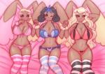 anthro anthrofied big_breasts black_hair black_nose blonde_hair blush bra breast_size_difference breasts cleavage clothed clothing female group hair legwear lingerie looking_at_viewer navel one_eye_closed open_mouth panties pokemorph presenting shy smile stockings thick_thighs underwear wide_hips wink pastelletta nintendo pokemon fan_character frankie_(aj_the_flygon) laramee_(aj_the_flygon) tammy_(aj_the_flygon) generation_4_pokemon lagomorph lopunny mammal pokemon_(species) shiny_pokemon