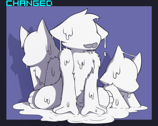 after_transformation ambiguous_gender anthro faceless faceless_character faceless_male featureless_crotch goo_transformation group latex male null transformation trio bulletproof-kitty changed_(video_game) lin canid canine goo_creature mammal tagme