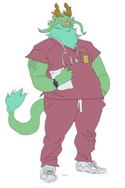 anthro barbel_(anatomy) clock clothed clothing cross doctor flesh_whiskers front_view horn male medical_instrument scientific_instrument simple_background smile solo standing stethoscope tail tattoo watch white_background wristwatch really_vile regular-vile asian_mythology east_asian_mythology mythology dragon eastern_dragon mythological_creature mythological_scalie scalie 2:3 full-length_portrait hi_res portrait
