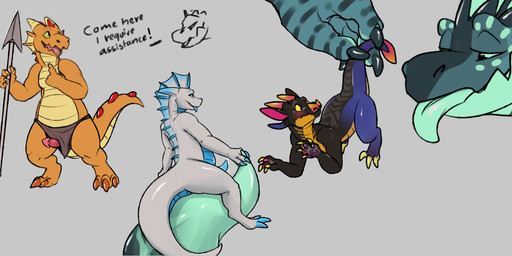 anthro bedroom_eyes black_body blue_body blue_eyes blue_penis blush bodily_fluids countershade_face countershade_neck countershade_tail countershade_torso countershading cum cum_string erection genital_fluids genitals grey_background group holding_melee_weapon holding_object holding_partner holding_polearm holding_spear holding_weapon horn larger_anthro larger_male macro male male/male male_anthro melee_weapon narrowed_eyes nude nude_anthro nude_male open_mouth open_smile orange_body penis pink_body pink_penis polearm red_body seductive simple_background sitting_on_penis size_difference slightly_chubby slightly_chubby_anthro slightly_chubby_male smaller_anthro smaller_male smile spear standing surprised tail tapering_penis teal_body teal_eyes text tongue tongue_out weapon white_body yellow_body yellow_eyes mintyderg chip_'n_dale_rescue_rangers disney mythology bruvelighe dtz_(cdrr) mayday minty_(mintyderg) aquatic aquatic_dragon bat dragon hybrid kobold mammal mythological_creature mythological_scalie scalie warpjaw 2019 english_text sketch_page