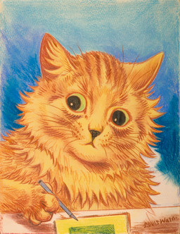 4_fingers ambiguous_gender creating_art drawing_(action) feral fingers front_view fur furniture gradient_background holding_object holding_pencil looking_aside orange_body orange_fur pencil_(object) simple_background solo table whiskers louis_wain public_domain domestic_cat felid feline felis mammal ancient_art crayon_(artwork) hi_res signature traditional_media_(artwork)