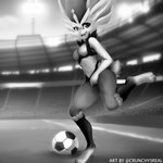 anthro ball blush breasts featureless_breasts feet female fur hindpaw medium_breasts nude paws simple_background smile soccer soccer_ball solo sport stadium crunchydragon nintendo pokemon cinderace generation_8_pokemon lagomorph mammal pokemon_(species) 1:1 digital_media_(artwork) hi_res monochrome signature