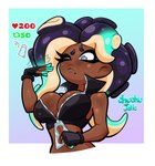 absurd_res breast_squish breasts cephalopod chuchujello cleavage clothed clothing crop_top female gradient_background hi_res humanoid marina_(splatoon) marine mollusk nintendo octarian octoling one_eye_closed pseudo_hair shirt simple_background solo splatoon squish strip_meme tentacle_hair tentacles topwear undressing