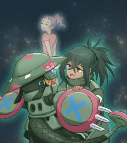 anthro armor black_hair claws eyewear female goggles group hair headgear helmet male ponytail shield size_difference smile trio kadoko5 bandai_namco digimon digimon_beatbreak granit_(digimon_beatbreak) digimon_(species) human ludomon mammal