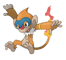 3_toes 5_fingers ambiguous_gender cute_fangs fangs feet fingers fire flaming_tail front_view fur narrowed_eyes open_mouth open_smile orange_body orange_fur orange_tail simple_background smile solo tail tan_body tan_ears tan_feet tan_fingers teeth three-quarter_view toes white_background white_body white_fur ken_sugimori nintendo pokemon generation_4_pokemon monferno pokemon_(species) hi_res official_art