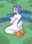 anthro big_butt blue_eyes breasts butt day feet female grass hair looking_at_viewer membrane_(anatomy) non-mammal_breasts nude nude_anthro nude_female outside plant purple_hair rock solo thick_thighs toes water webbed_feet white_body wide_hips samba_03 anatid anseriform anserinae avian bird duck goose absurd_res artist_name colored hi_res