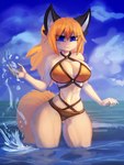 big_breasts blonde_hair blue_eyes breasts clothing cloud day female hair looking_at_viewer navel outside smile solo swimwear water wide_hips general-irrelevant nekonny_(fursona) sandy_(kemono_cafe) animal_humanoid canid canid_humanoid humanoid mammal mammal_humanoid 3:4 hi_res