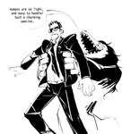 absurd_res anthro black_and_white clothed clothing dialogue digital_drawing_(artwork) digital_media_(artwork) duo english_text eyewear fully_clothed gloves handwear hi_res holding_up human humanoid humor larger_anthro larger_male male mammal monochrome monster multi_eye reptile scalie scp-682 scp-682-b scp_foundation size_difference smaller_human smaller_male styx_nacht_ii suit sunglasses text the-hydroxian thick_fur trevor_moses