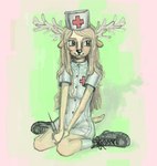 abstract_background anthro antlers boots breasts clothed clothed_anthro clothed_female clothing dress facial_piercing female footwear hair hat headgear headwear holding_object holding_syringe horn looking_away medical_instrument nose_piercing nurse_clothing nurse_hat nurse_headwear nurse_uniform piercing red_cross scientific_instrument septum_piercing shoes short_dress sitting smile socks solo syringe tail uniform wariza pathoparty deer mammal digital_media_(artwork)