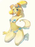 anthro bikini blue_eyes blush breasts clothed clothing daww eyewear female fur hair kemono looking_at_viewer navel open_mouth simple_background solo swimwear two-piece_swimsuit yellow_body yellow_fur baburusushi animal_crossing nintendo isabelle_(animal_crossing) canid canine canis domestic_dog mammal shih_tzu toy_dog 2020 3:4 hi_res