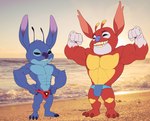 3_toes 4_fingers abs antennae_(anatomy) anthro anthrofied arm_tuft beach biceps big_chest biped blue_body blue_claws blue_fur blue_nose broad_shoulders bulge claws clothing dipstick_antennae duo elbow_tuft feet fingers flexing fur gloves_(marking) grin hands_on_hips leg_markings looking_at_viewer male markings multicolored_antennae muscular muscular_anthro muscular_male notched_ear open_mouth open_smile pecs photo_background red_body red_claws seaside smile speedo standing swimwear toe_claws toes top_heavy tuft bristol disney lilo_and_stitch ace_(lilo_and_stitch) stitch_(lilo_and_stitch) alien experiment_(lilo_and_stitch) 2021 absurd_res hi_res photography_(artwork)