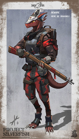 anthro armband armor backpack bandage bandaged_arm bandaged_leg black_clothing body_armor bottomwear camo camo_clothing camo_print claws clothed clothing fangs fingerless_gloves footwear furgonomic_footwear furgonomic_headwear furgonomics gas_mask gloves gun handwear hat headgear headwear holding_gun holding_object holding_ranged_weapon holding_rifle holding_weapon male mask military_uniform pants pattern_clothing pipe_bomb ranged_weapon red_body red_clothing red_star rifle scar solo standing teeth text uniform ushanka weapon yellow_eyes 419667 project_silverfish inheritor lizard reptile scalie 2025 absurd_res english_text hi_res