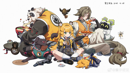accessory animal_ears asian_clothing blonde_hair blue_clothing blue_footwear blue_shoes chinese_clothing clothing collared_shirt cybernetic_leg cybernetic_limb dress_shirt east_asian_clothing eating female female_humanoid fluffy_ears footwear furgonomics grey_dress_shirt hair jacket long_hair male ribbons shirt shoes short_hair simple_background sitting socks tail tail_accessory tail_ribbon topwear white_background white_clothing white_footwear white_hair white_socks yellow_clothing yellow_jacket_(clothing) yellow_topwear young young_female young_humanoid hyny mihoyo zenless_zone_zero a-shuo_(zenless_zone_zero) ju_fufu pan_yinhu qingming_(zzz) ye_shiyuan yixuan_(zenless_zone_zero) animal_humanoid avian bangboo bear bird canid canine felid felid_humanoid giant_panda human humanoid mammal mammal_humanoid pantherine pantherine_humanoid tiger_humanoid 16:9 4k absurd_res hi_res widescreen