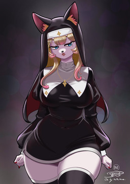 anthro big_breasts black_nose blonde_hair blue_eyes breasts clothed clothing colored_nails eyebrows eyelashes female frown fully_clothed fur hair inner_ear_fluff jewelry legwear long_hair looking_aside markings mole_(marking) mole_under_eye nails necklace nun nun_outfit red_nails solo text thick_thighs thigh_highs tuft white_body white_fur wide_hips nuthename domestic_cat felid feline felis mammal 2026 artist_name hi_res signature